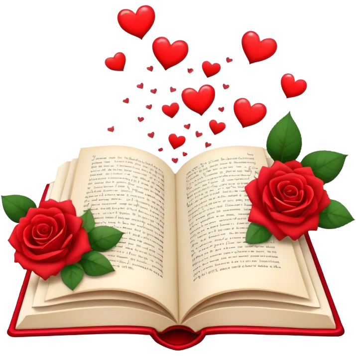 Icon for Romance Reading: an open book with a heart-shaped bookmark, surrounded by roses, a love letter, and a cup of tea, with small hearts and Cupid with bow and arrows flying out of the pages. Transparent background. emoji