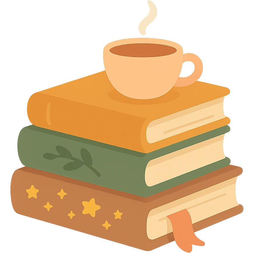 A cute stack of books with a cozy and magical vibe, each book bound in soft, harmonious colors: golden orange (FA9B41), forest green (4A7C5C), warm taupe brown (96775A), and pastel peach (FFCC9A). The books are slightly worn with rounded corners and decorative covers featuring tiny stars, floral motifs, or whimsical patterns. A ribbon bookmark peeks out from one, and a small cup of tea or magical trinket rests on top of the stack. The lighting is warm and gentle, with a dreamy, storybook feel. The overall scene feels inviting, charming, and gently enchanted emoji