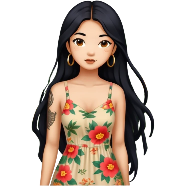 Beautiful Asian girl with long black hair and body tattoos wearing a floral sundress emoji