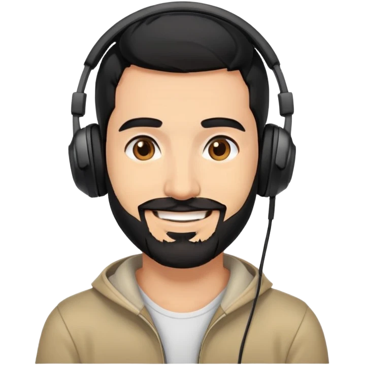 Smiling man with black hair, brown eyes, black beard wearing gaming headphones emoji