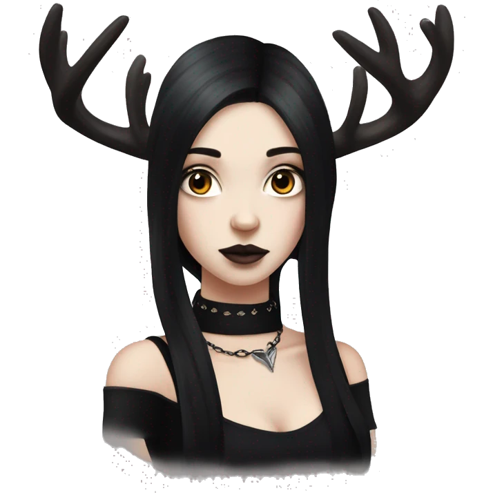 Portrait. Goth deer girl in a black sleeveless dress with a choker. White antlers with deer ears. Long Black hair emoji
