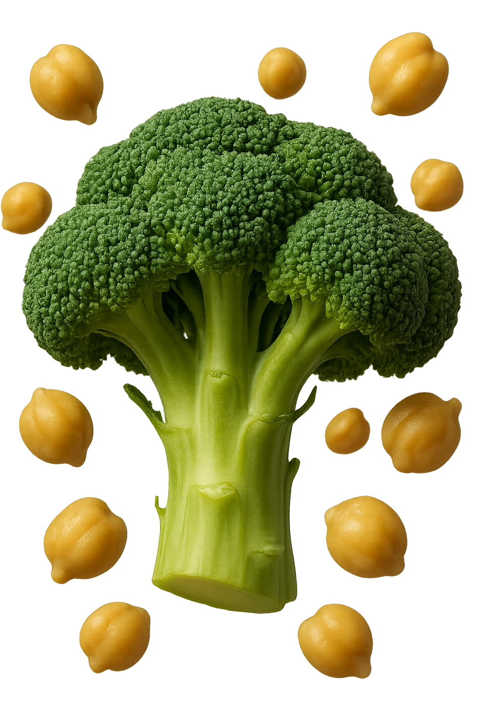 SU QUESTO STILE FAI  broccoli e ceci che fluttuano in aria, FALLO MOLTO REALISTICO IN 3D emoji
