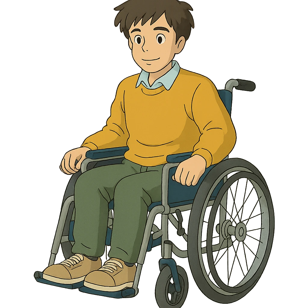 ghibli style illustration of a man with a physical disability, such as using a wheelchair emoji