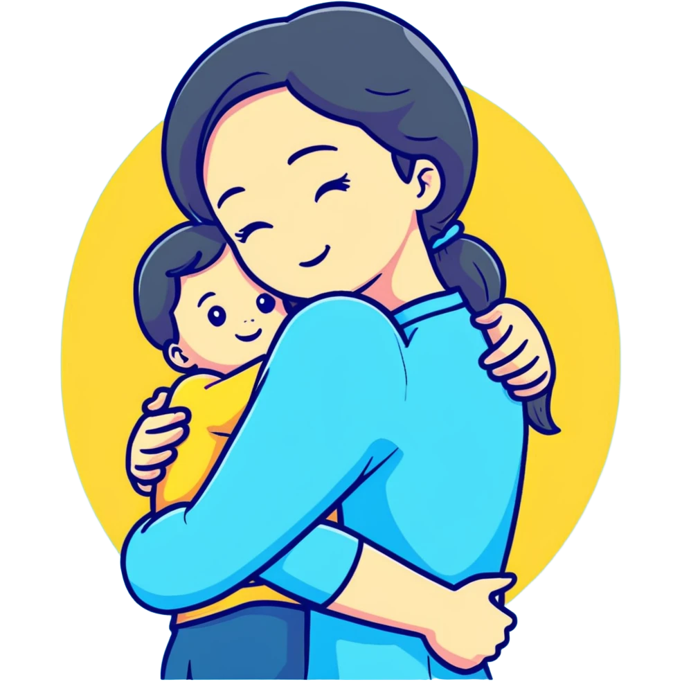 mother hugging daughter with pastel blue background and clothing emoji