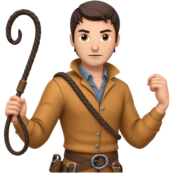 man with a whip portrait, head and shoulders only, whip coiled on shoulder, rugged outfit, confident look, 3D cartoon, mobile game icon style, clean background, no text, no watermark
 emoji