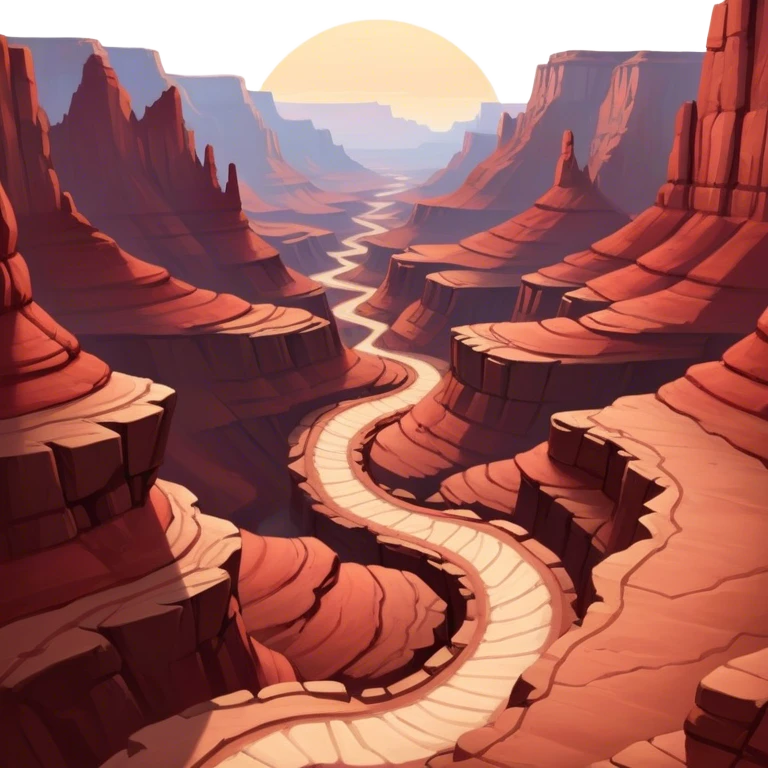 Cinematic Realistic Canyon Emoji, Vast and rugged, with deep red rock formations and winding paths leading down to a dry, dusty floor. Sunlight casts long shadows across the craggy surfaces, highlighting the layers of ancient rock. Soft glowing outline, capturing the essence of dramatic beauty and ancient history in a mighty canyon. emoji
