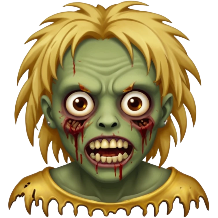Brown-skinned zombie with messy gold hair, wide centered brown eyes, dark bloody marks under the eyes, and a slightly open mouth showing crooked teeth grillz, giving a distressed, undead look. emoji