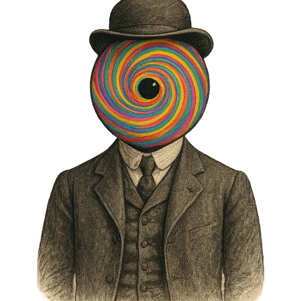 vintage dressed person, head is a swirling psychedelic eye, no mouth or nose, old-fashioned suit emoji