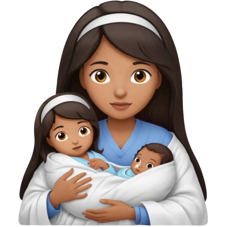 Female nurse with long dark hair with medium brown skin and brown eyes holding one new born  emoji