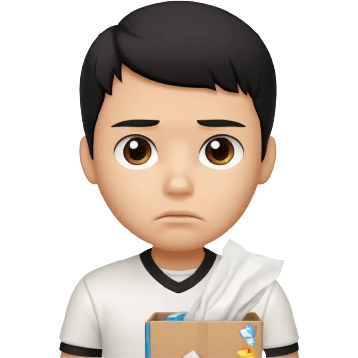 generate a pretty bratz boy with black hair, wearing a white polo shirt. Looking sad, holding a box of tissues emoji