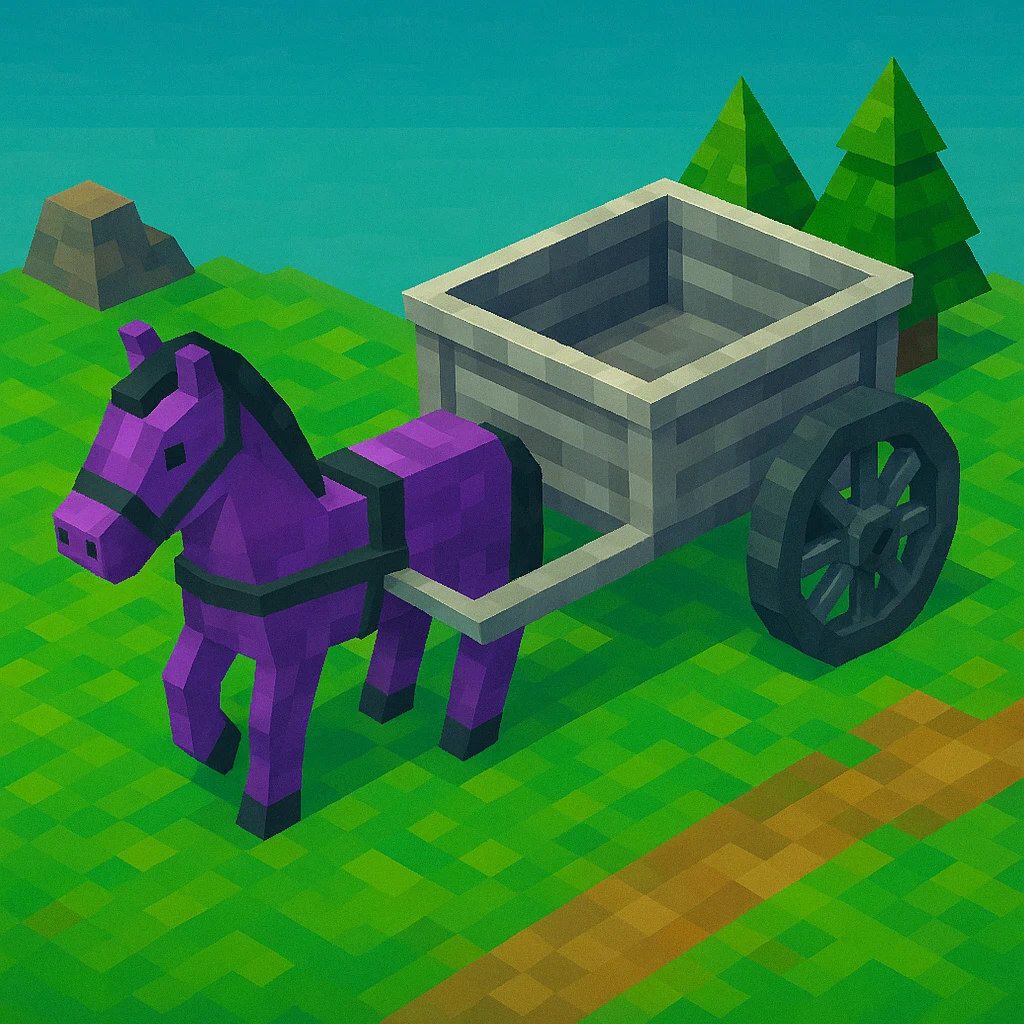 Isometric horse and cart with color variation: purple and silver, keep original style low poly 3d. emoji