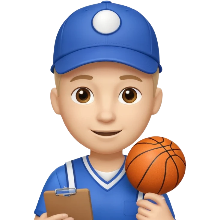 cute basketball coach portrait, head and shoulders only, whistle, cap, clipboard strap, confident smile, 3D cartoon, mobile game icon style, clean background, no text, no watermark
 emoji