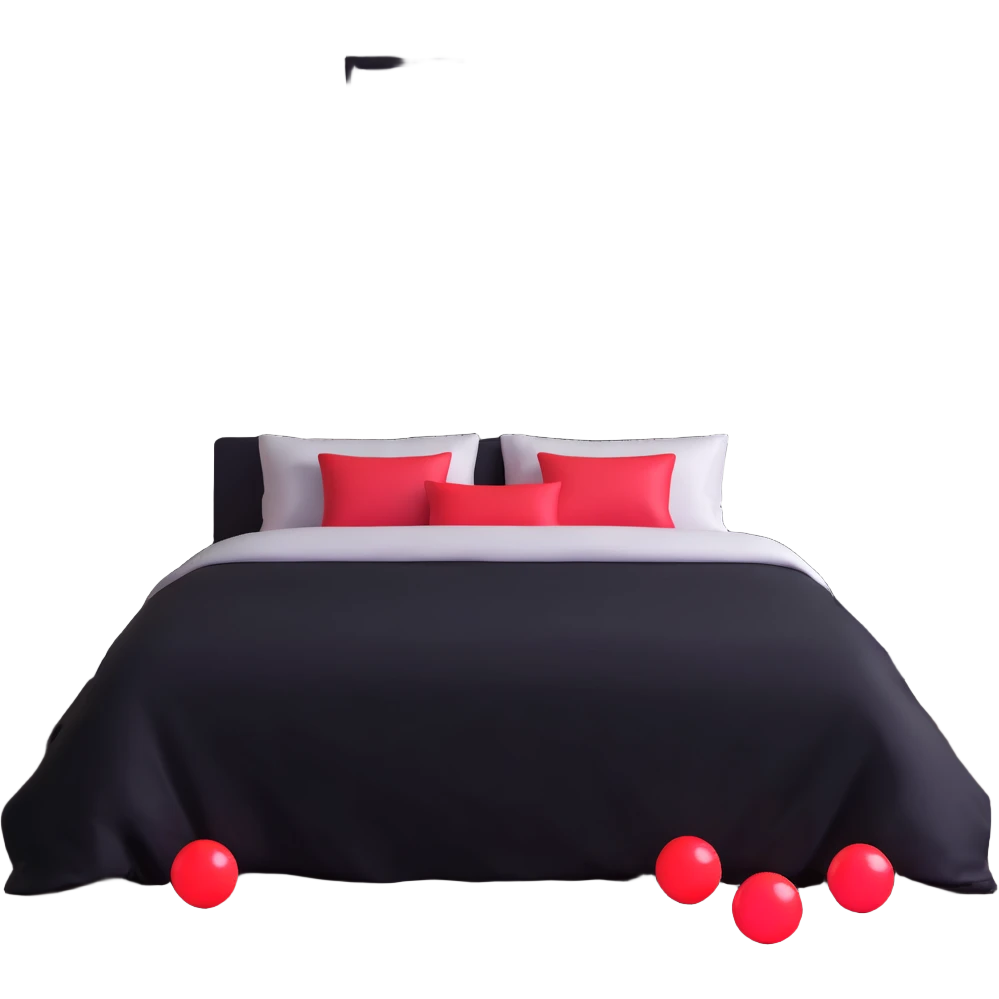 dark bedroom with black walls, black bed frame with black sheets, framed paintings of magic 8 balls and cherries, black nightstand with red LED lights emoji