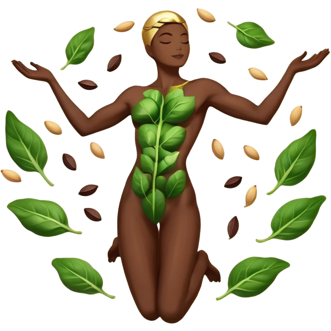 Floating spinach leaves, golden almonds, shining dark chocolate pieces, and ethereal seeds orbiting around a resting body silhouette. Soft light lines flowing from these foods toward relaxed muscles and a glowing nervous system within the body, creating a calm, restorative energy. emoji
