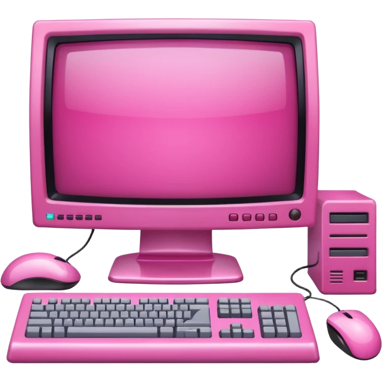 shiny pink translucent 90s computer with CRT monitor, keyboard, PC tower, mouse emoji