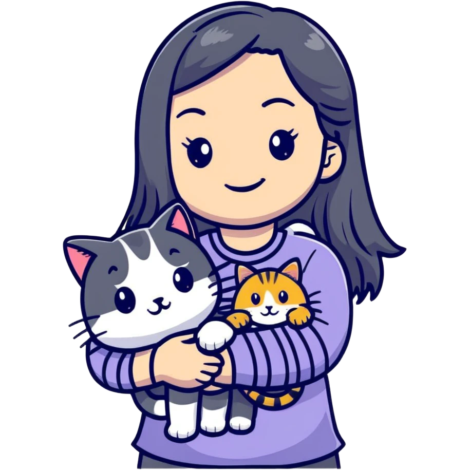 smiling girl with long hair holding a cat with silver stripes emoji