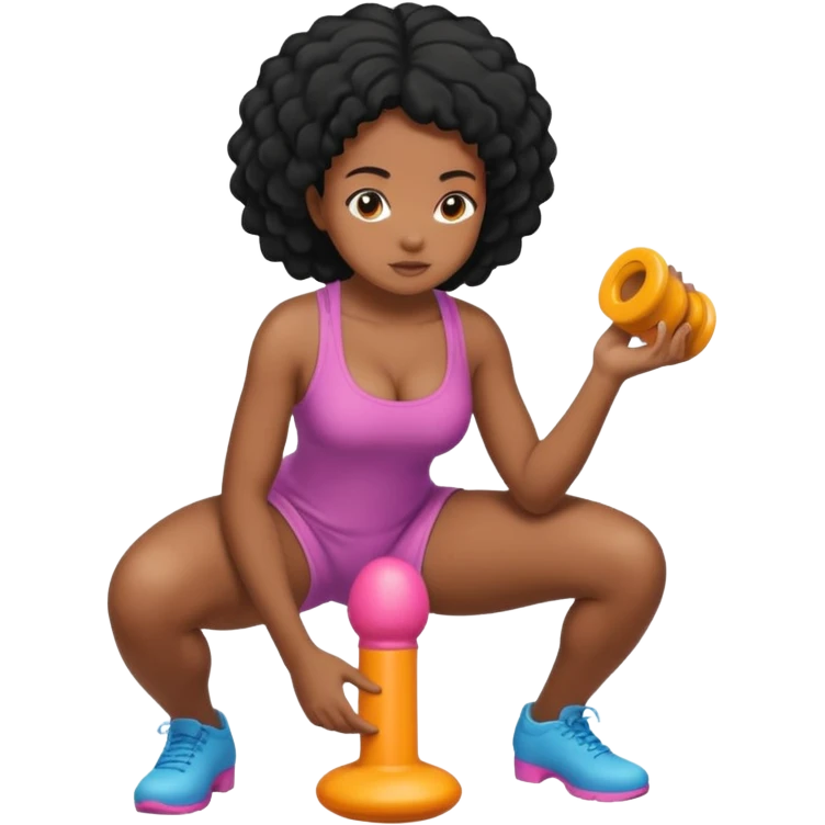 Full body. Black Naked girl. squatting. Squatting onto dildo. Positioned over dildo. Naked girl vaginally penetrated by dildo emoji