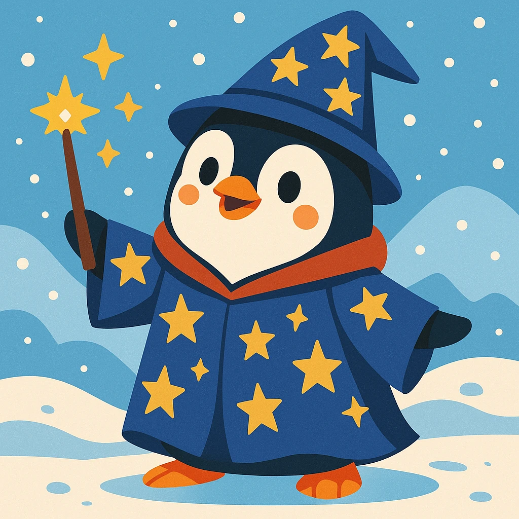 penguin wizard wearing robe with stars, snowy background, enchanting emoji