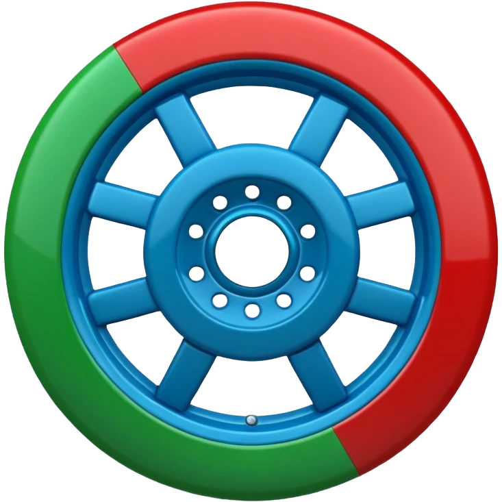 Glossy 3D emoji, blue top, green bottom, large red spoked wheel in center. Geometric symbol, no face. emoji