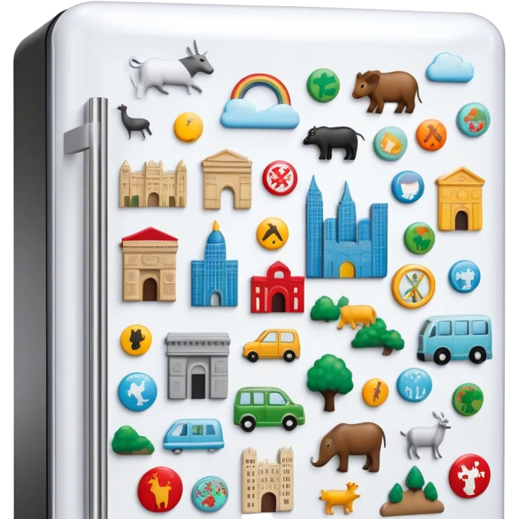 Icon for Magnet Collecting: a close-up of a fridge door covered with a variety of magnets, featuring cities, animals, symbols. The icon should highlight the diversity and charm of magnet collections. Transparent background. emoji
