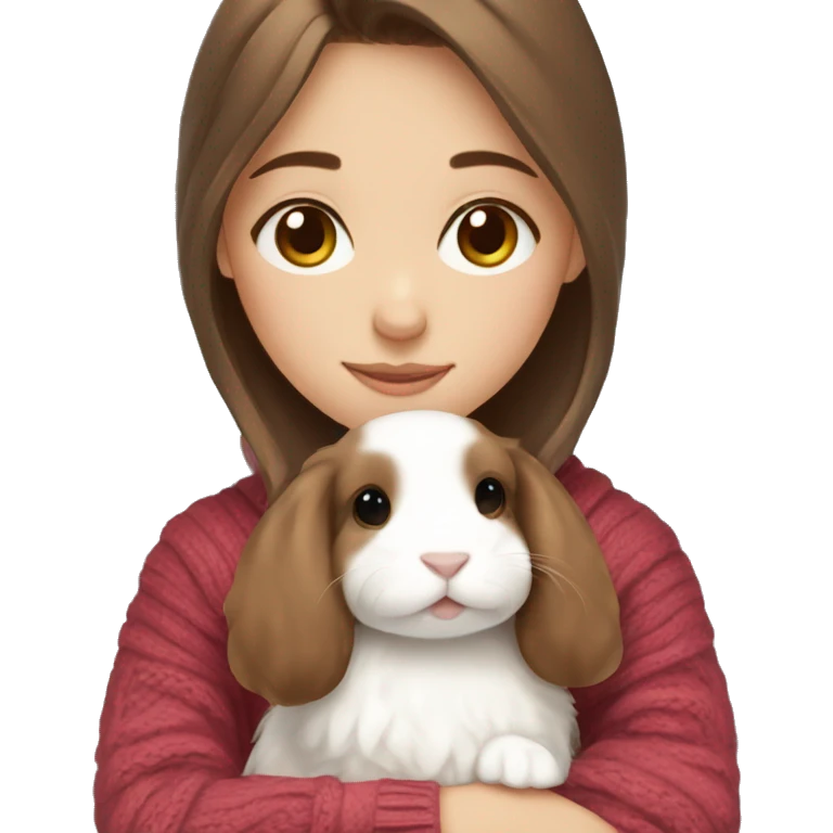 Brown hair girl in a sweater hugging a white mini lop emoji