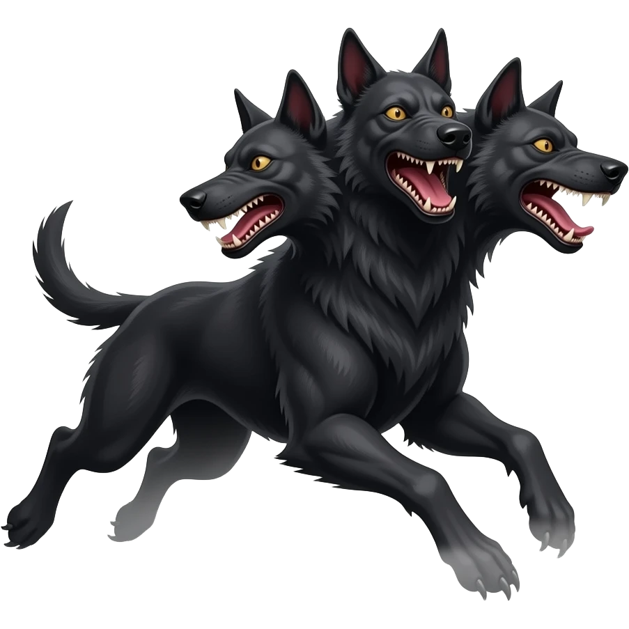 cinematic - cerberus, a three-headed creepy black hellhound in a jump, in a smoke emoji