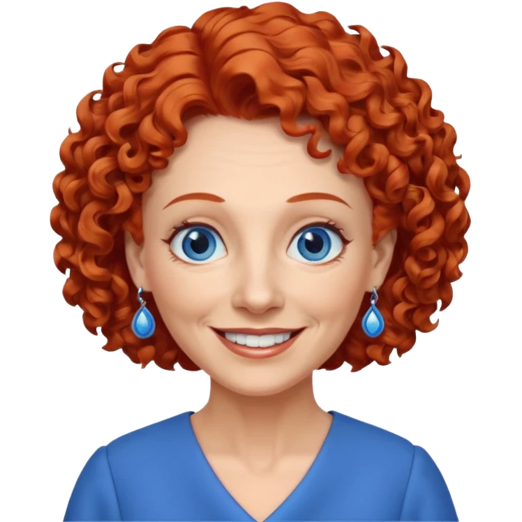 una profesora mayor simpática con el pelo rojo rizado, ojos azules, vestido azul y pendientes azules hablando altura completa sonriendo con los dientes emoji