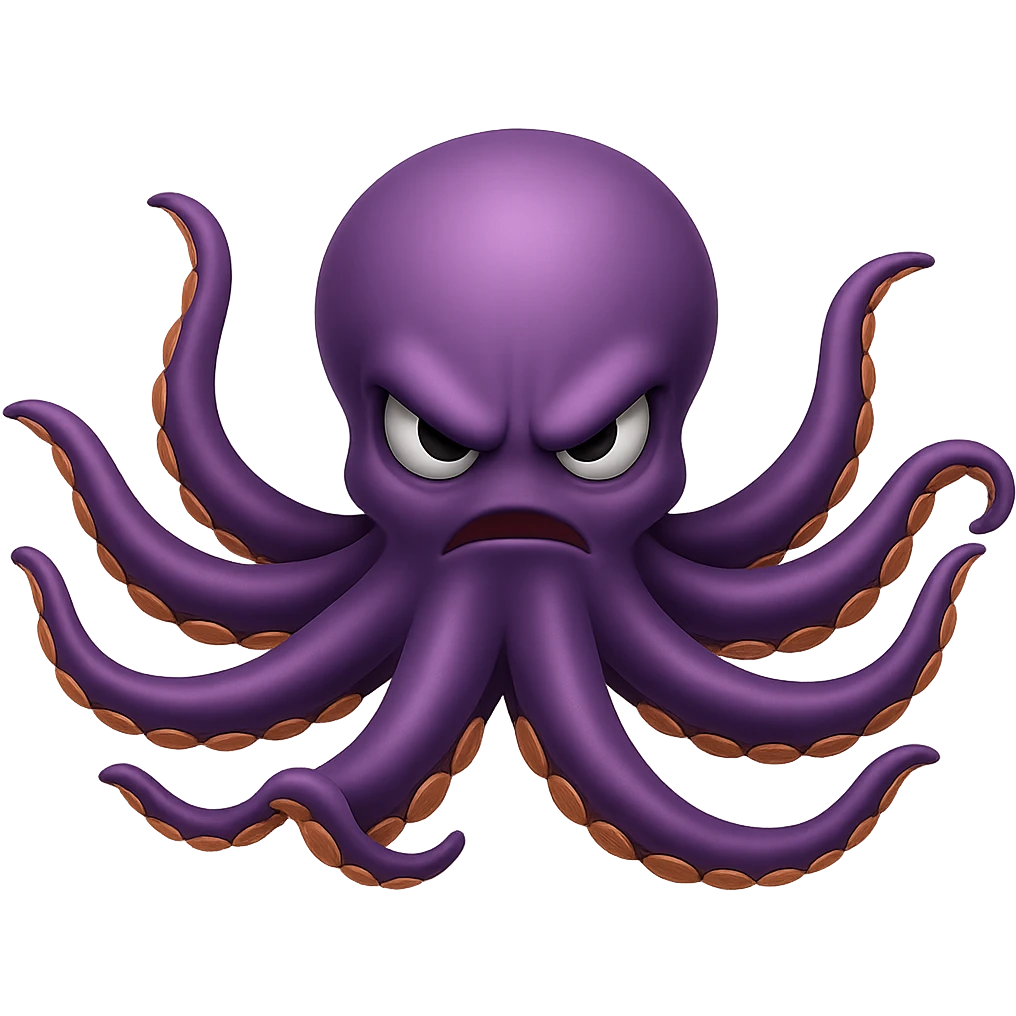 Remove the nose, make the octopus look scary, keep the purple color, with no background. Maintain the original style and details of the octopus while making it look scary and purple. emoji