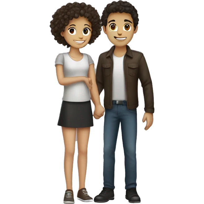 Two persons shake hands, curly dark hair boy and ponytail dark brown hair girl  emoji