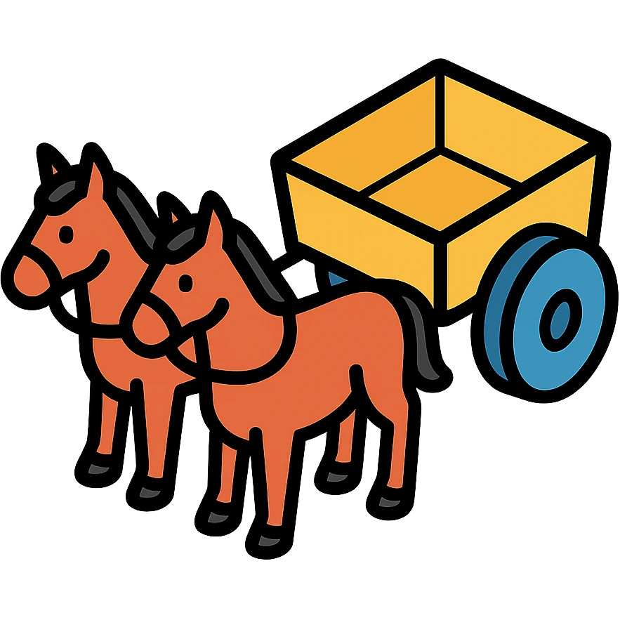 two horses pulling a cart, isometric view emoji