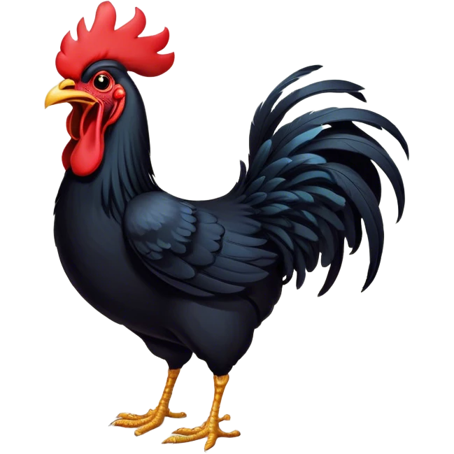 Cinematic Cute Yawning Black Rooster Portrait Emoji, Head tilted slightly with a dramatic, wide-open yawn, showcasing a soft, downy black plumage with a crisp red comb and drooping wings, round eyes barely open in drowsy contentment, Simplified yet irresistibly adorable features, highly detailed, glowing with a soft, cozy glow, high shine, relaxed yet expressive, stylized with a touch of whimsy, bright and endearing, soft glowing outline, capturing the essence of a sleepy yet affectionate rooster, so drowsy it feels like it could stretch out of the screen and curl up for a nap! emoji