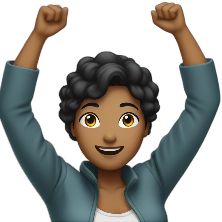 black hair white woman celebrating with arms up emoji