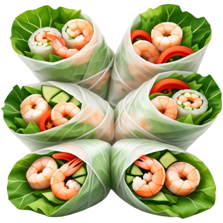 cinematic-realistic-vietnamese-summer-rolls-dish-emoji,-depicted-with-delicate-rice-paper-wraps-filled-with-fresh-vegetables-and-shrimp-rendered-with-crisp-textures-and-refreshing-lighting. emoji