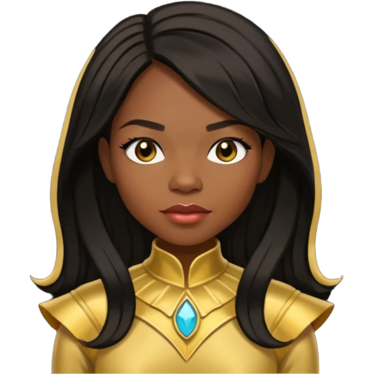 Michelle Williams from Destiny's Child with dark skin ,black long hair, gold outfit emoji