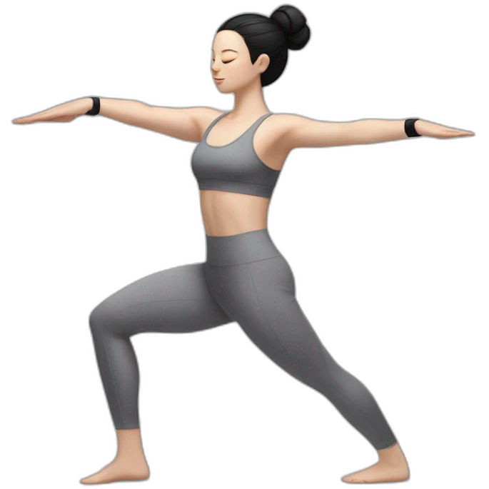 Pale skinned fit woman In a gray tight yoga suit and wristbands With black hair in a bun performs an asana emoji
