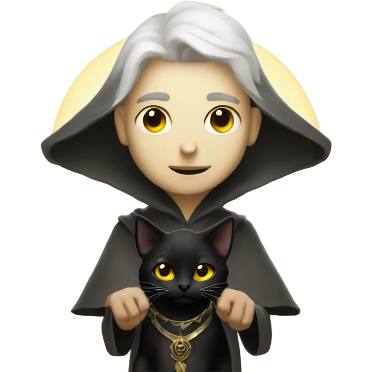 A sun warlock who is pale and is holding a black kitten emoji