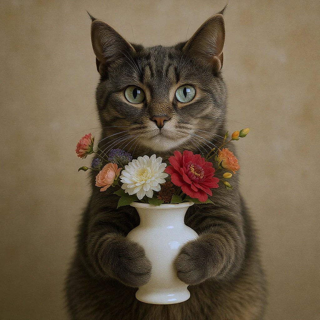 A cat holding a vase with flowers emoji
