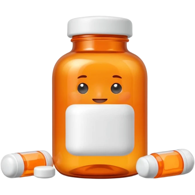 A 3D cartoon medicine bottle with orange transparent body and white cap, filled with pills, soft studio lighting, realistic Memoji-style. emoji