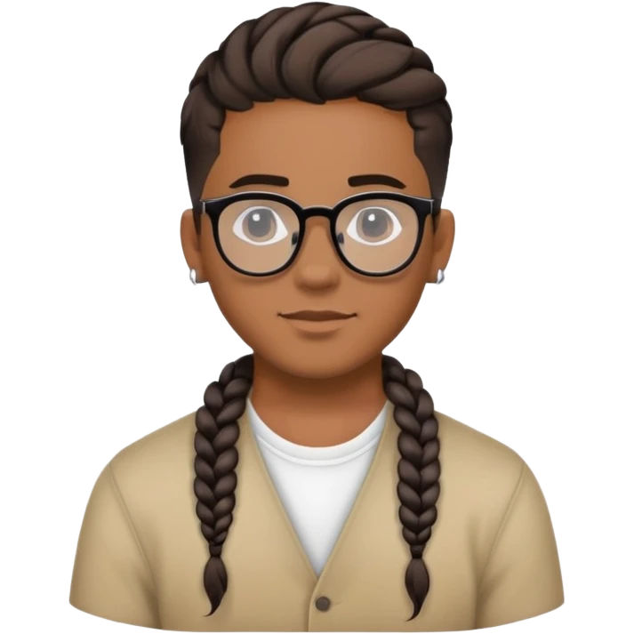 joven moreno con trenza pegada, bluao por los lados, arete y lentes negros, cabeza media redonda emoji