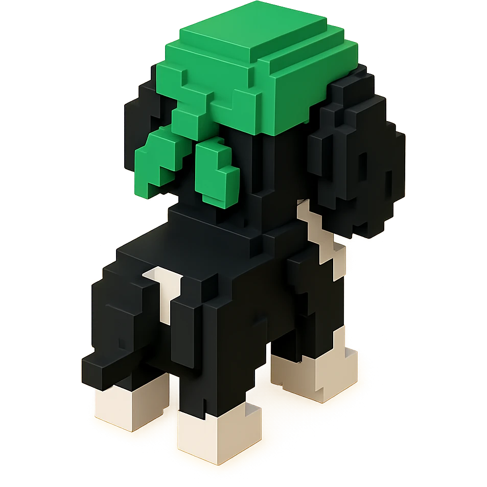 A black and white Russian Cocker Spaniel puppy wearing a green durag, facing backward emoji