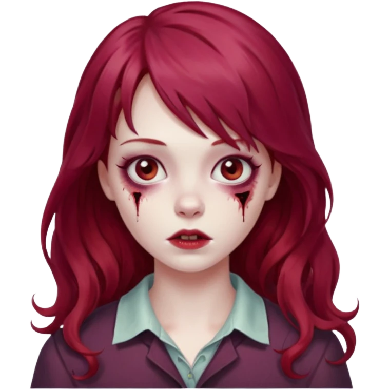 Uma zumbi garota com cabelo vermelho vinho ondulado e grande e franja grande reta emoji