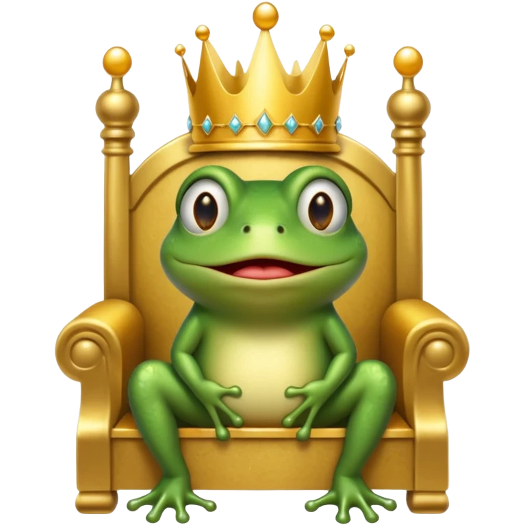 A cry frog wearing a crown, confidently sitting on a golden throne, cry tear from eyes, portrait, bust up emoji