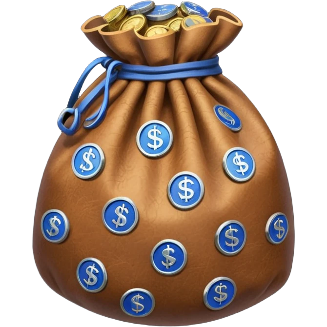 brown money bag full off blue coins inside emoji