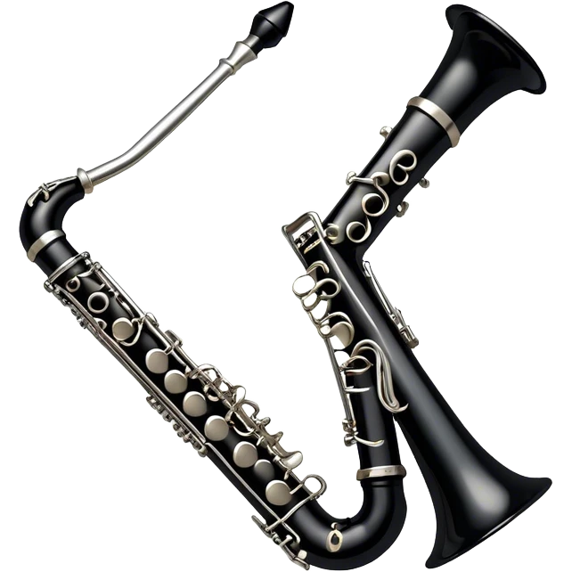 Create an elegant and detailed emoji representing a clarinet. The design should feature the sleek, black wood finish of the clarinet with its shiny metal keys clearly visible. Highlight the intricate details, such as the bell at the end and the carefully crafted mouthpiece with the reed. Use black wood tones for the body of the instrument and silver or brass accents for the keys. Add subtle musical notes or soundwaves floating around the instrument to evoke the smooth, melodic sound of the clarinet. The background should be transparent. emoji