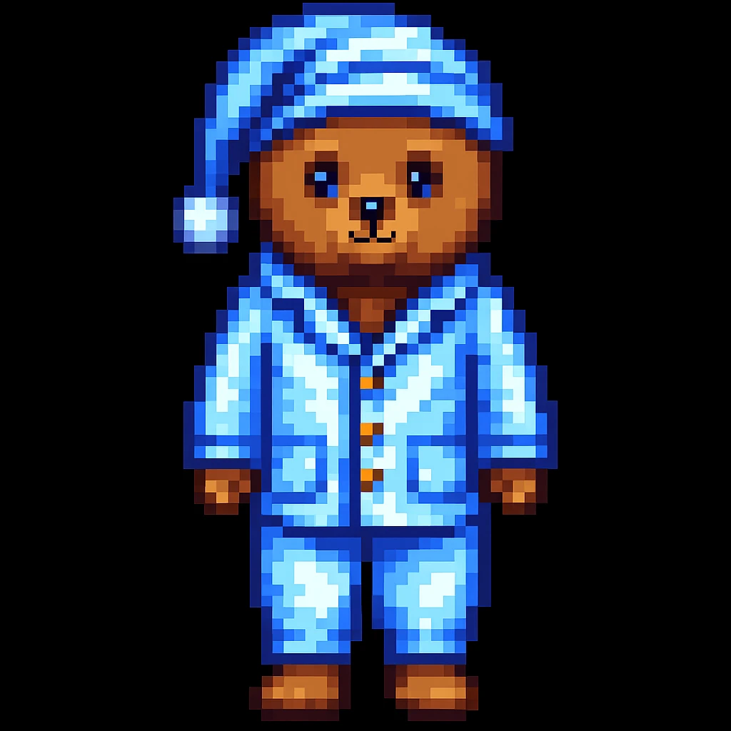 Add a nightcap to the bear in pajamas in pixel art style. The style should resemble pixel art with clear pixelated details and colors. emoji