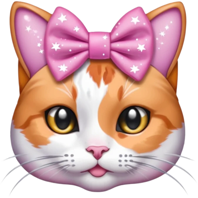 Calico cat with a pink bow on its head and silver sparkles surrounding it emoji