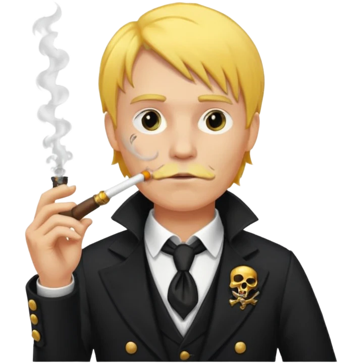 A man with yellow hair, in a black business suit, smoking a pirate pipe emoji