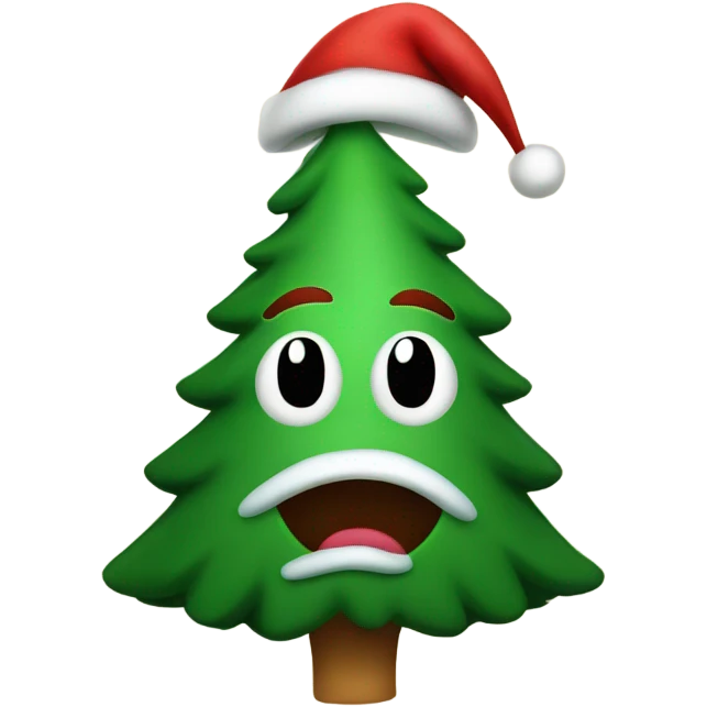 Christmas tree with a face wearing a red Santa hat emoji