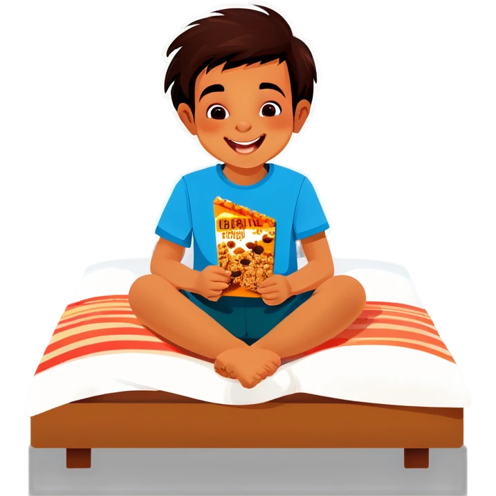 Kid eating granola bar in bed reading sitting Indian style emoji