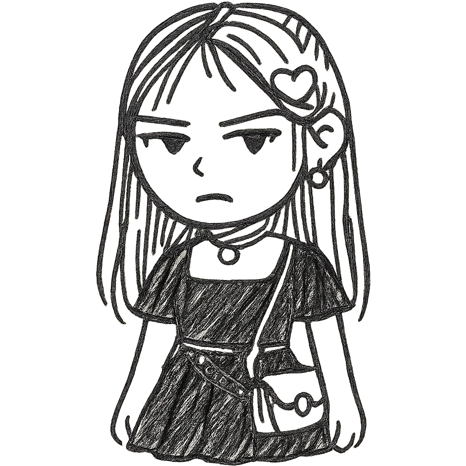 K-pop inspired gothic girl, hand drawn sketch style, moody expression, black dress, trendy accessories emoji